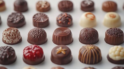 Wall Mural - elegant overhead view of an exquisite collection of chocolate pralines featuring intricate designs a