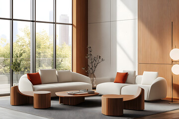 Wall Mural - Modern living room with stylish furniture and wooden accents. 3D Rendering