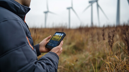 Worker in uniform check on a wind turbine.