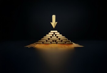 Sticker - A gold arrow points down at a pyramid made of stacked golden bars.