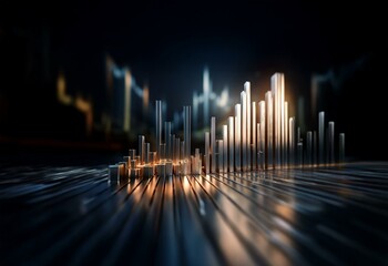 Aufkleber - A cityscape made of silver bars with a warm glow and a blurred backdrop of a city at night.