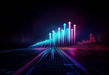Aufkleber - Neon blue and pink arrows rise up in a dark abstract background with a grid pattern.