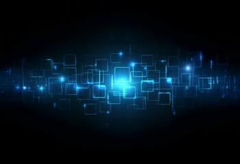 Fototapete - Dark blue background with glowing blue squares and lines, abstract digital and technology concept.
