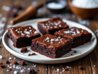 Close-up of rich, fudgy chocolate brownies topped with sea salt flakes, arranged on a white plate with a rustic wooden background, showcasing gourmet dessert food photography