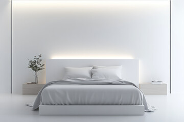 Wall Mural - front view of a bed, including the walls and ceiling. The bedroom is white and modern