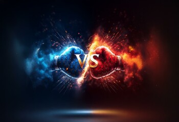 Two boxing gloves, one blue with smoke and one red with fire, face each other with a golden 