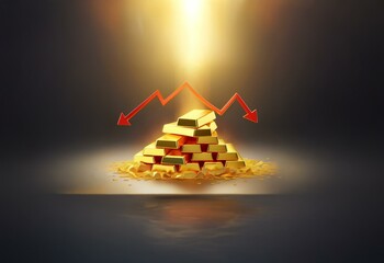 Poster - Gold bars are stacked in a pyramid shape, illuminated from above, with a red arrow pointing downwards indicating a decline.