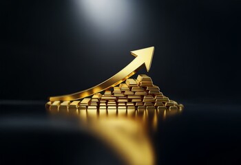 Poster - A golden arrow points upward over a pyramid of gold bars against a dark background.