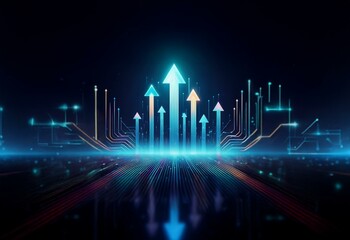 Aufkleber - Abstract digital illustration of glowing blue and orange arrows pointing upwards and surrounded by lines of light.
