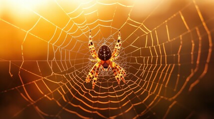 spider weaving its web at twilight, with the golden glow of the setting sun highlighting the delicate threads