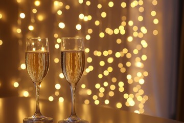 Two champagne glasses with golden bokeh background for New Year toast