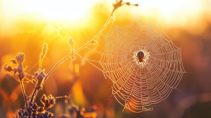 spider weaving its web at twilight, with the golden glow of the setting sun highlighting the delicate threads.