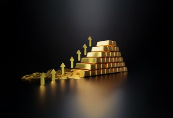 Leinwandbilder - A pyramid of gold bars with coins and arrows pointing upwards, symbolizing growth and wealth on a dark background.