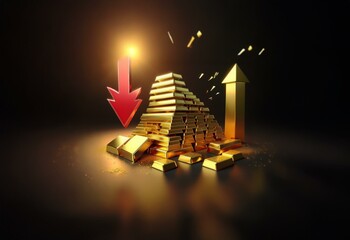 Poster - A pyramid of gold bars is collapsing with a red arrow pointing down and a golden arrow pointing up.