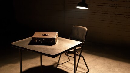 A dimly lit room features a table and a single chair, with a mysterious box on the table, illuminated by a hanging light.