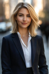 beautiful blonde woman in a business suit with shoulder-length hair, wearing a white shirt and blazer jacket, standing on a street in New York City. She has a soft smile, bright eyes, and perfect faci