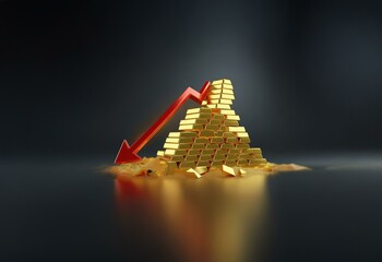 Poster - A red arrow pointing down crashes into a gold bar pyramid.