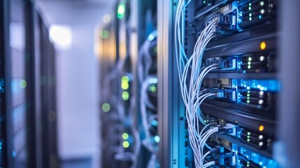 Aufkleber - A high-speed internet data center, futuristic server room with rows of servers and fiber optic connections, Technological style