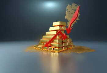 Aufkleber - A pyramid of shiny gold bars is destabilized by a red arrow pointing down.