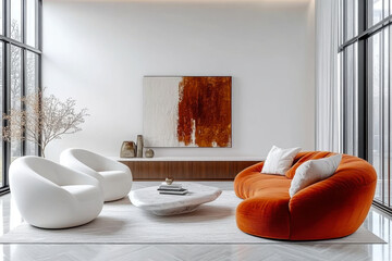 Minimalist interior design of modern living room.armchairs and vibrant orange sofa