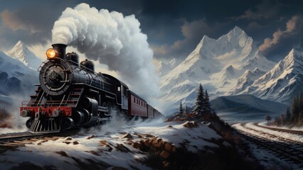 Canvas Print - An old steam train chugging through snowy mountains on christmas day.