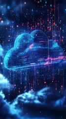 Wall Mural - futuristic digital cloud computing concept with glowing blue cloud icon surrounded by data streams a