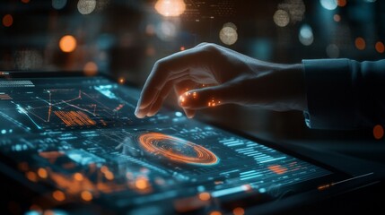 Wall Mural - futuristic touch interface glows with vibrant data visualizations as a hand hovers over holographic 