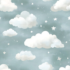 Wall Mural - seamless repeating pattern of clouds and stars against a blue background, pop surrealism matte paint