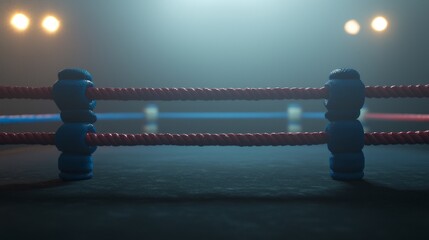 boxing ring is surrounded by ambient lighting showcasing three ropes with two in blue creating a tense atmosphere for an upcoming match.