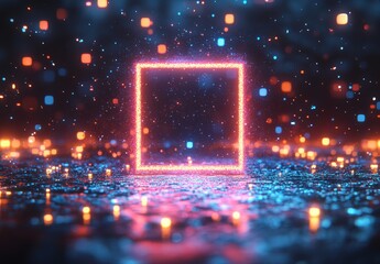 The 3-D abstract neon background is surrounded by a glowing rectangular frame in cyberspace, a fantastic scene in virtual reality, and a road running between blocks under the stars at night