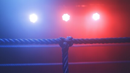 boxing ring features three ropes with two blue ones surrounded by vibrant lighting that creates an electrifying atmosphere for an anticipated fight.