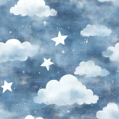 Wall Mural - seamless repeating pattern of stars and clouds against a blue background, whimsical storybook illust