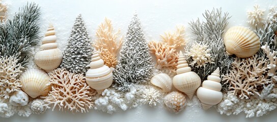 Christmas in July / at the beach / in the southern hemisphere concept banner, background / header / hero image with holiday ornament made from shells, starfish and corals, flat lay, copyspace