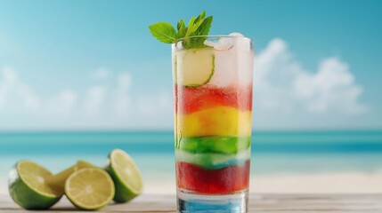 Colorful Layered Drink on a Tropical Beach Background