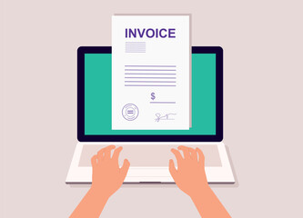 close up of a person's hand using laptop to send an invoice.