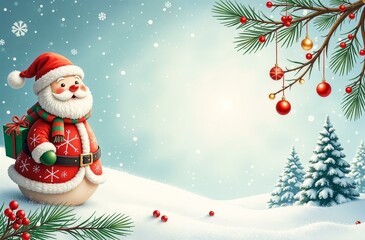 christmas card with santa claus and decorated christmas tree with space for text on blue background