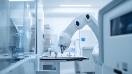 Aufkleber - A high-tech robotic assistant conducting automated quality control of high-precision medical devices in a clean, advanced medical equipment facility