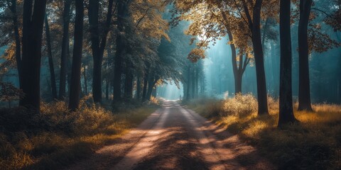 Wall Mural - A mystical forest scene with a path leading through tall trees and sunbeams streaming through the canopy, inviting exploration.