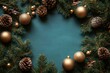 © Mark - Composition of Christmas and New Year. Mock up with blank space for writing, fir branches, and Christmas balls on a white background. Top view, flat lay of festive holiday concept.