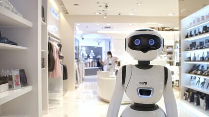 Aufkleber - A high-tech robotic assistant providing customer service in a sleek retail store, clean and contemporary environment with a focus on service automation, Retail style