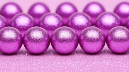 A close-up view of shiny purple spheres arranged in a row on a matching background.