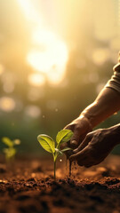 Wall Mural - Photo of farmer start to plant seed for vegetable.