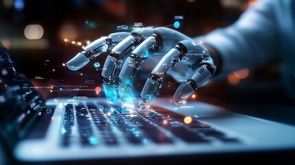 Wall Mural - futuristic robotic hand typing on laptop keyboard, symbolizing artificial intelligence and advanced 