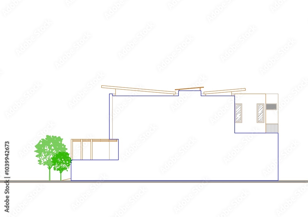 2D Side View of a Two-Story House with Trees in Front: A Modern Minimalist Design Featuring Clean Lines and Simplistic Architecture, Highlighting the Harmony Between the Structure and Its Surroundings