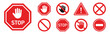 © Comauthor - Red STOP sign icon set. Sign with hand and stop sign. Warning sign, attention, prohibition, danger, alert, road sign - stock vector.