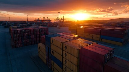 Aerial Dawn Panorama of Bustling Shipping Container Harbor at Sunset