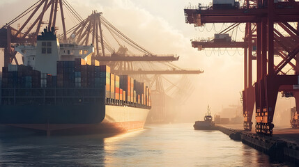 Cargo Containers Being Unloaded by Cranes at a Modern Shipping Harbor