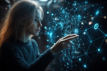 A young woman interacts with a futuristic holographic interface, exploring the vast potential of technology.