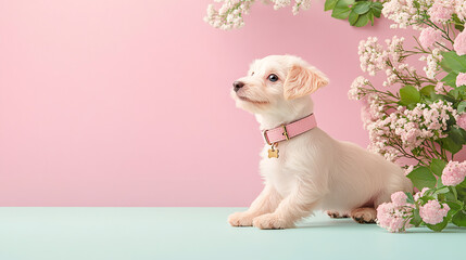 This charming image features a small white puppy with a pink collar sitting gracefully amidst beautiful flowers on a pastel pink and blue backdrop perfect for animal lovers and floral enthusiasts