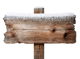 snow covered old wooden sign board 